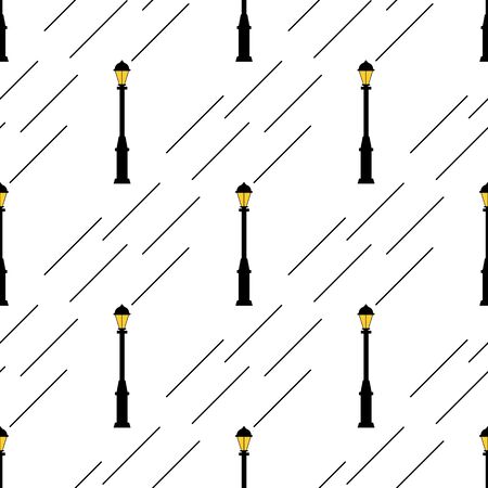 Seamless pattern with street light black silhouettes isolated on white background. Modern and vintage street lights. Elements for landscape construction. Vector illustration for design, wrapping paperのイラスト素材