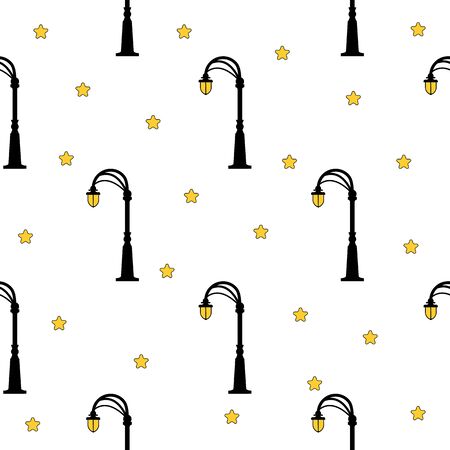 Seamless pattern with street light black silhouettes isolated on white background. Modern and vintage street lights. Elements for landscape construction. Vector illustration for design, wrapping paperのイラスト素材