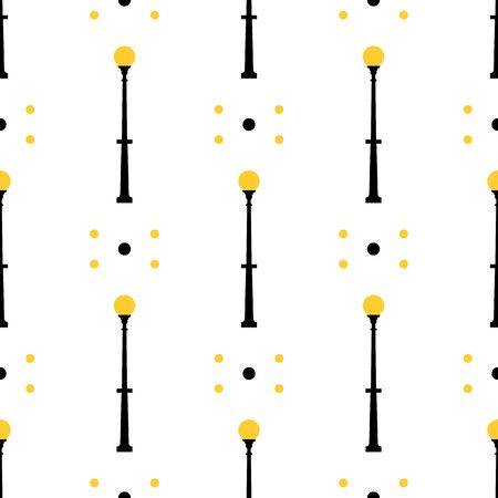 Seamless pattern with street light black silhouettes isolated on white background. Modern and vintage street lights. Elements for landscape construction. Vector illustration for design, wrapping paperのイラスト素材