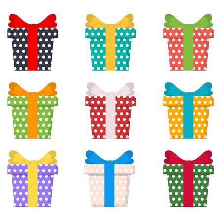 Set of colorful gift boxes, presents isolated on white background. Sale, shopping concept. Collection for Birthday, Christmas. Cartoon style. Vector illustration for any design.のイラスト素材