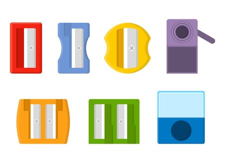 Collection of colored colorful pencil sharpeners isolated on white background. Cartoon style. Vector illustration for any design.のイラスト素材