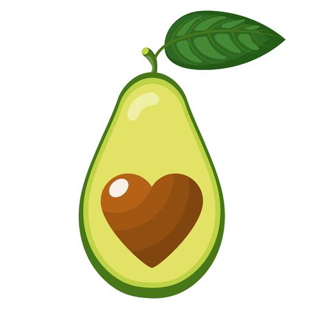Fresh half avocado with heart isolated on white background. Summer fruits for healthy lifestyle. Organic fruit. Cartoon style. Vector illustration for any design.のイラスト素材