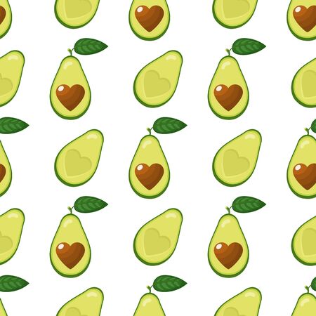 Seamless pattern with fresh half avocado with heart isolated on white background. Summer fruits for healthy lifestyle. Organic fruit. Cartoon style. Vector illustration for any design.のイラスト素材