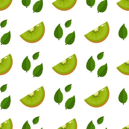 Seamless pattern with fresh slice kiwi fruit and leaves on white background. Summer fruits for healthy lifestyle. Organic fruit. Cartoon style. Vector illustration for any design.のイラスト素材