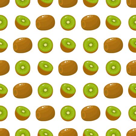 Seamless pattern with fresh whole and half kiwi fruit on white background. Summer fruits for healthy lifestyle. Organic fruit. Cartoon style. Vector illustration for any design.のイラスト素材