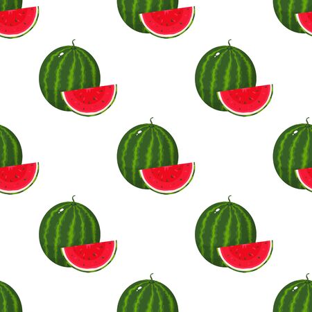 Seamless pattern with fresh whole and cut slice watermelon fruit on white background. Summer fruits for healthy lifestyle. Organic fruit. Cartoon style.のイラスト素材