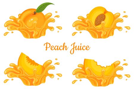 Fresh peach juice splash burst isolated on white background. Summer fruit juice. Cartoon style.のイラスト素材