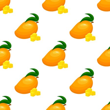 Seamless pattern with fresh bright exotic whole and sliced mango isolated on white background. Summer fruits for healthy lifestyle. Organic fruit. Cartoon style.のイラスト素材