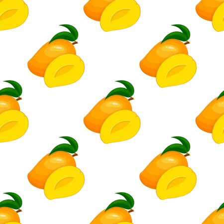 Seamless pattern with fresh bright exotic whole and half mango isolated on white background. Summer fruits for healthy lifestyle. Organic fruit. Cartoon style.のイラスト素材