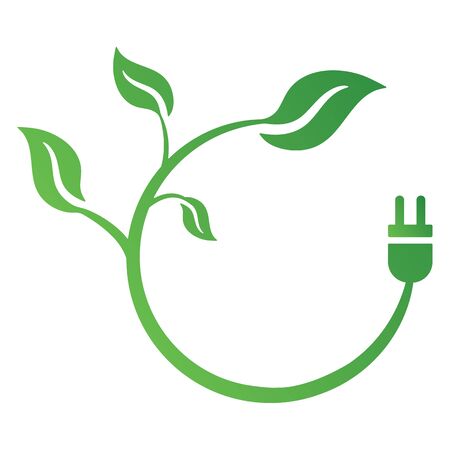 Green leaf and plug icon isolated on white background. Ecology concept save energy. Vector illustration for any design.のイラスト素材