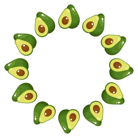 Wreath from whole and half avocado with space for text. Cartoon organic sweet food. Summer fruits for healthy lifestyle. Vector illustration for any design.のイラスト素材