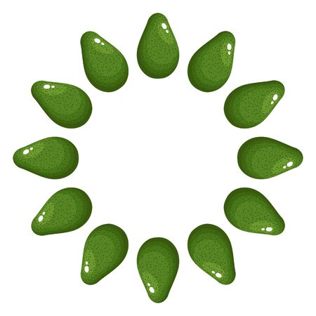Wreath from green whole avocado with space for text. Cartoon organic sweet food. Summer fruits for healthy lifestyle. Vector illustration for any design.のイラスト素材
