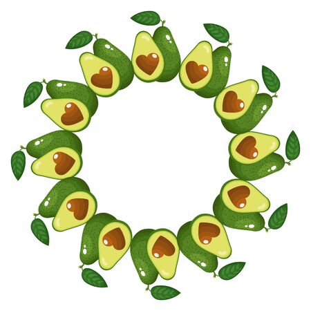 Wreath from whole and half avocado heart with space for text. Cartoon organic sweet food. Summer fruits for healthy lifestyle. Vector illustration for any design.のイラスト素材