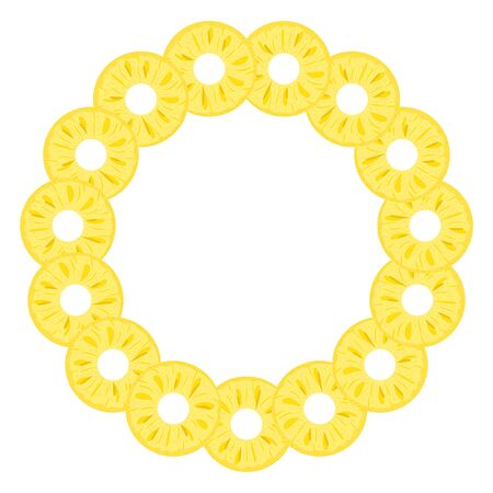 Wreath from cut rings pineapple with space for text. Cartoon organic sweet food. Summer fruits for healthy lifestyle. Vector illustration for any design.のイラスト素材