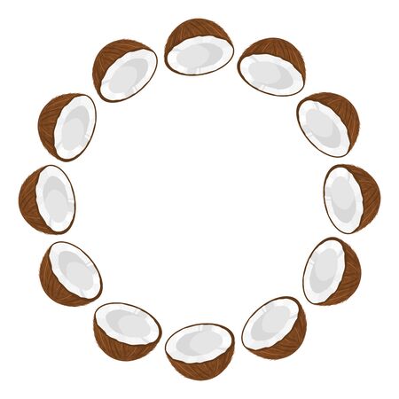 Wreath from half coconut with space for text. Cartoon organic sweet food. Summer fruits for healthy lifestyle. Vector illustration for any design.のイラスト素材