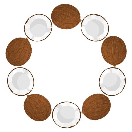 Wreath from whole and half coconut with space for text. Cartoon organic sweet food. Summer fruits for healthy lifestyle. Vector illustration for any design.のイラスト素材