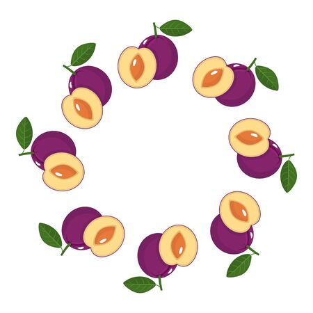 Wreath from plum fruits with space for text. Cartoon organic sweet food. Summer fruits for healthy lifestyle. Vector illustration for any design.のイラスト素材