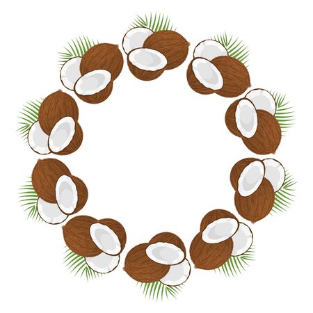 Wreath from whole, half coconut and leaves with space for text. Cartoon organic sweet food. Summer fruits for healthy lifestyle. Vector illustration for any design.のイラスト素材