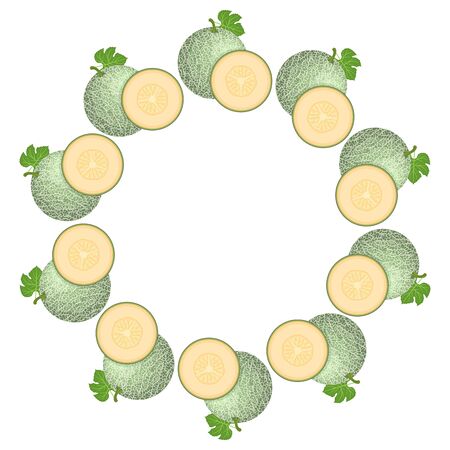 Wreath from green cantaloupe melon with space for text. Cartoon organic sweet food. Summer fruits for healthy lifestyle. Vector illustration for any design.のイラスト素材