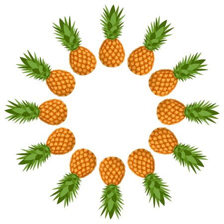 Wreath from whole pineapple with space for text. Cartoon organic sweet food. Summer fruits for healthy lifestyle. Vector illustration for any design.のイラスト素材