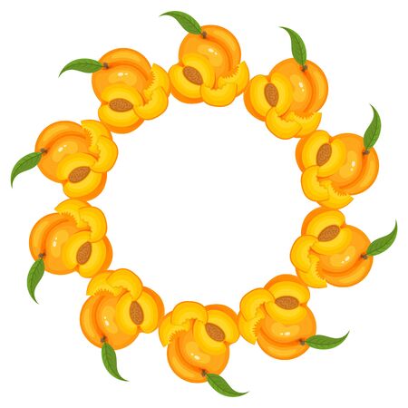 Wreath from bright peach fruit with space for text. Cartoon organic sweet food. Summer fruits for healthy lifestyle. Vector illustration for any design.のイラスト素材