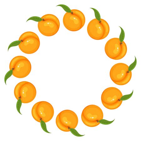 Wreath from bright peach fruit with space for text. Cartoon organic sweet food. Summer fruits for healthy lifestyle. Vector illustration for any design.のイラスト素材