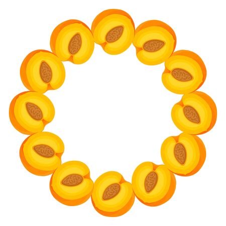 Wreath from bright peach fruit with space for text. Cartoon organic sweet food. Summer fruits for healthy lifestyle. Vector illustration for any design.のイラスト素材