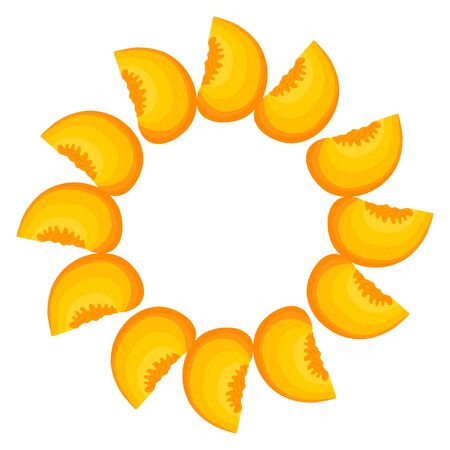 Wreath from bright peach fruit with space for text. Cartoon organic sweet food. Summer fruits for healthy lifestyle. Vector illustration for any design.のイラスト素材