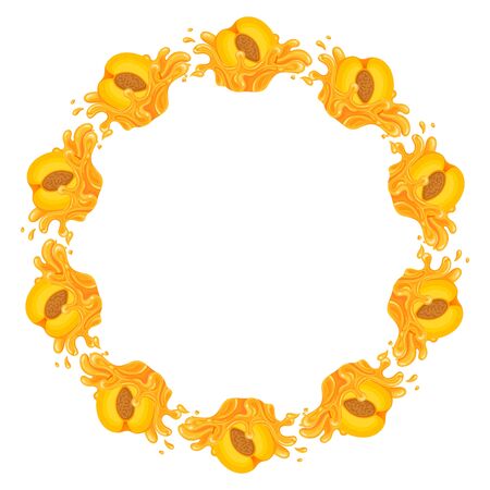Wreath from bright peach fruit juice splash with space for text. Cartoon organic sweet food. Summer fruits for healthy lifestyle. Vector illustration for any design.のイラスト素材