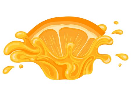 Fresh bright orange, mandarin or tagerine juice splash burst isolated on white background. Summer fruit juice. Cartoon style. Vector illustration for any design.のイラスト素材