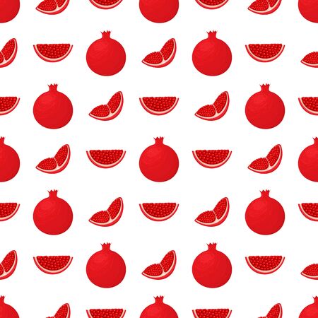 Seamless pattern with fresh bright exotic whole and chunk pomegranate with leaves on white background. Summer fruits for healthy lifestyle. Organic fruit. Vector illustration for any design.のイラスト素材