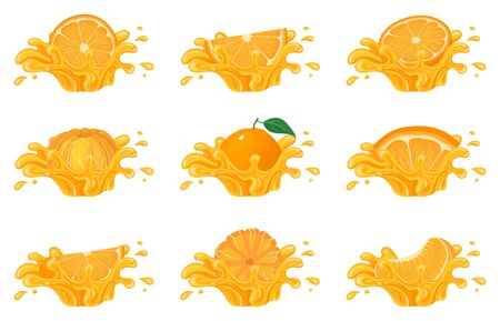 Set of fresh bright orange, mandarin or tagerine juice splash burst isolated on white background. Summer fruit juice. Cartoon style. Vector illustration for any design.のイラスト素材