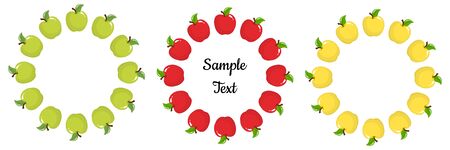 Set of wreath from red, green and yellow apple fruits with space for text. Cartoon organic sweet food. Summer fruits for healthy lifestyle. Vector illustration for any design.のイラスト素材