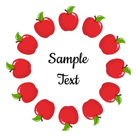 Wreath from red apple fruits with space for text. Cartoon organic sweet food. Summer fruits for healthy lifestyle. Vector illustration for any design.のイラスト素材