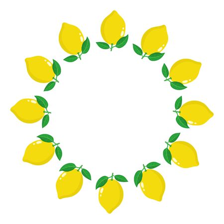 Wreath from yellow lemon fruits with space for text. Cartoon organic sweet food. Summer fruits for healthy lifestyle. Vector illustration for any design.のイラスト素材
