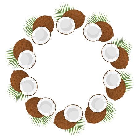 Wreath from whole, half coconut and leaves with space for text. Cartoon organic sweet food. Summer fruits for healthy lifestyle. Vector illustration for any design.のイラスト素材