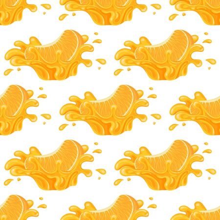 Seamless pattern with fresh bright orange, mandarin or tagerine juice splash burst isolated on white background. Summer fruit juice. Cartoon style. Vector illustration for any design.のイラスト素材