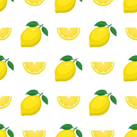 Seamless pattern with fresh bright exotic whole and cut slice lemon fruit on white background. Summer fruits for healthy lifestyle. Organic fruit. Cartoon style. Vector illustration for any design.のイラスト素材