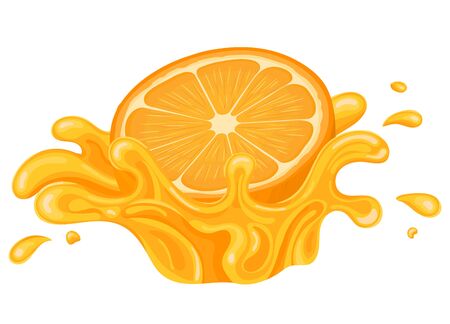 Fresh bright orange, mandarin or tagerine juice splash burst isolated on white background. Summer fruit juice. Cartoon style. Vector illustration for any design.のイラスト素材