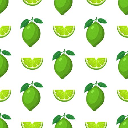 Seamless pattern with fresh bright exotic whole and cut slice lime fruit on white background. Summer fruits for healthy lifestyle. Organic fruit. Cartoon style. Vector illustration for any design.のイラスト素材