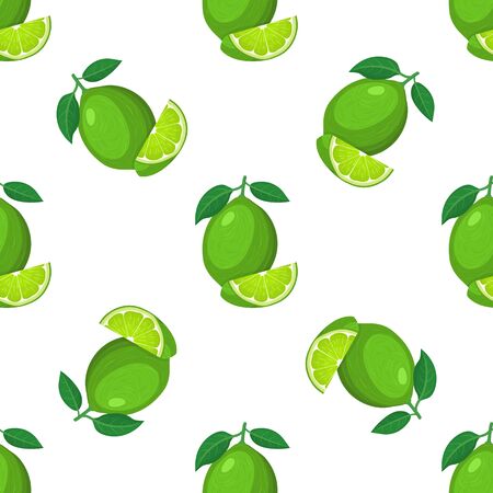 Seamless pattern with fresh bright exotic whole and cut slice lime fruit on white background. Summer fruits for healthy lifestyle. Organic fruit. Cartoon style. Vector illustration for any design.のイラスト素材