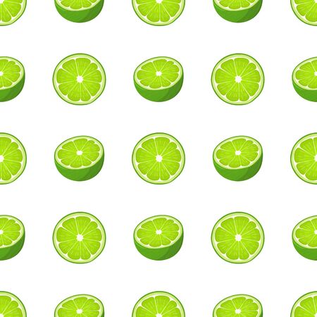 Seamless pattern with fresh bright exotic half and cut slice lime fruit on white background. Summer fruits for healthy lifestyle. Organic fruit. Cartoon style. Vector illustration for any design.のイラスト素材