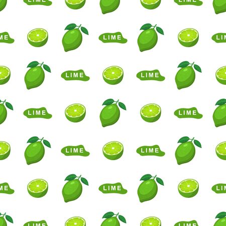 Seamless pattern with fresh bright exotic whole and half lime fruit on white background. Summer fruits for healthy lifestyle. Organic fruit. Cartoon style. Vector illustration for any design.のイラスト素材