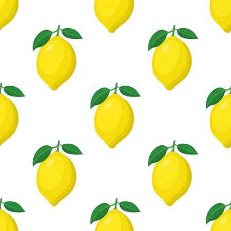 Seamless pattern with fresh bright exotic whole lemon fruit on white background. Summer fruits for healthy lifestyle. Organic fruit. Cartoon style. Vector illustration for any design.のイラスト素材