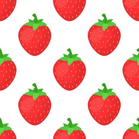 Seamless pattern with fresh bright exotic whole strawberries on white background. Summer fruits for healthy lifestyle. Organic fruit. Cartoon style. Vector illustration for any design.のイラスト素材
