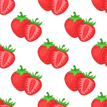 Seamless pattern with fresh bright exotic whole and half strawberries on white background. Summer fruits for healthy lifestyle. Organic fruit. Cartoon style. Vector illustration for any design.のイラスト素材