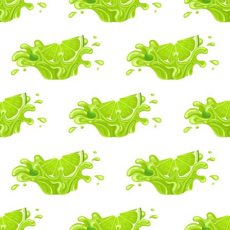 Seamless pattern with fresh bright lime juice splash burst isolated on white background. Summer fruit juice. Cartoon style. Vector illustration for any design.のイラスト素材