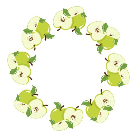 Wreath from green apple fruits with space for text. Cartoon organic sweet food. Summer fruits for healthy lifestyle. Vector illustration for any design.のイラスト素材