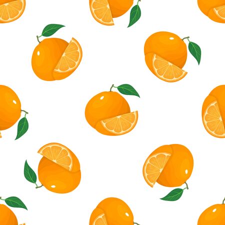 Seamless pattern with fresh bright exotic whole and slice tangerine or mandarin isolated on white background. Summer fruits for healthy lifestyle. Organic fruit. Vector illustration for any design.のイラスト素材