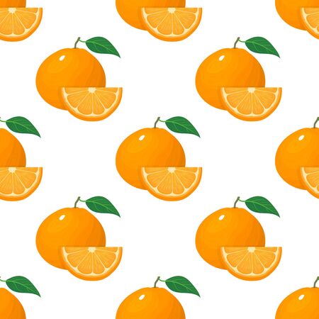 Seamless pattern with fresh bright exotic whole and slice tangerine or mandarin isolated on white background. Summer fruits for healthy lifestyle. Organic fruit. Vector illustration for any design.のイラスト素材